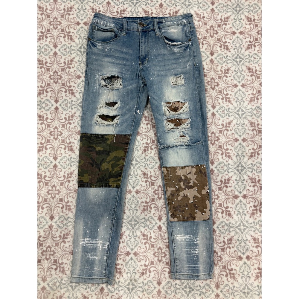 Rue21 Premium Skinny Supreme Flex Distressed Camo Patch Jeans 32x30 Blue Denim
